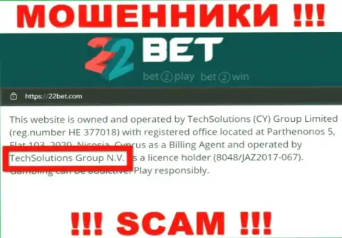 TechSolutions Group N.V. - это компания, которая управляет кидалами 22Bet