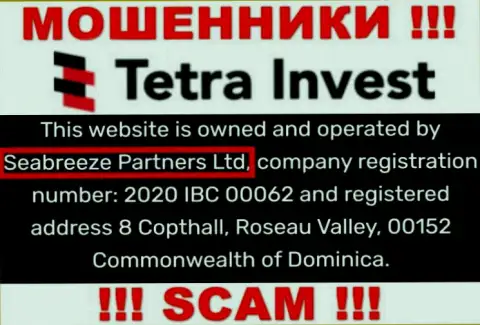 Юридическим лицом, владеющим internet мошенниками Тетра Инвест, является Seabreeze Partners Ltd