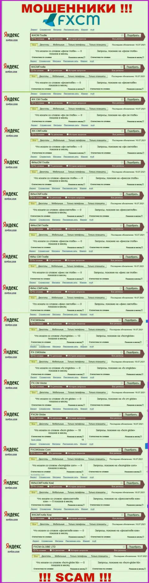 Количество брендовых онлайн-запросов по махинаторам ФИксСМГлобе Ком