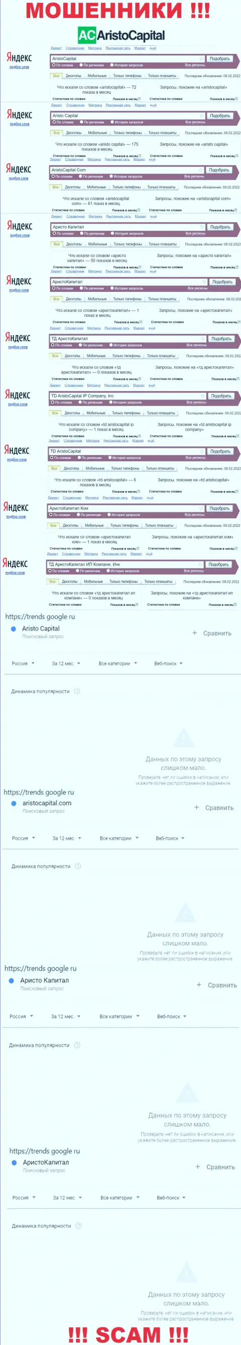 Статистические данные запросов по бренду Aristo Capital в интернет сети