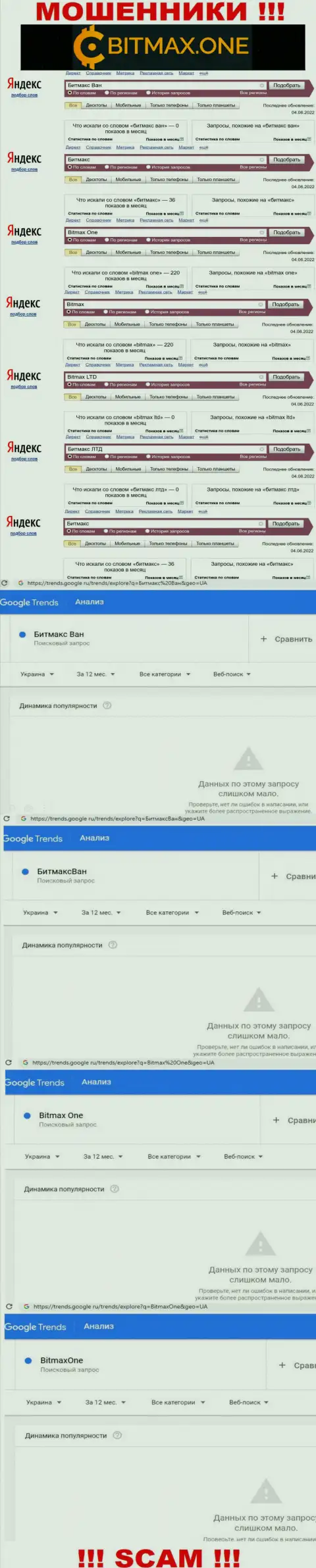 Статистические данные брендовых онлайн запросов по незаконно действующей компании Bitmax One
