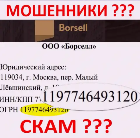 Номер регистрации мошеннической компании Борселл - 1197746493120