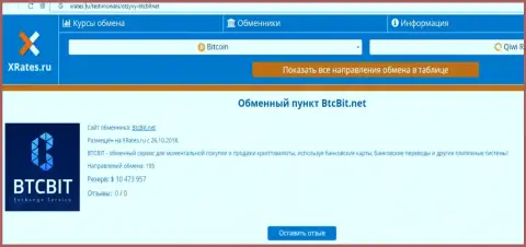 Сжатая информация об обменном онлайн пункте БТЦБит предоставлена на сайте xrates ru
