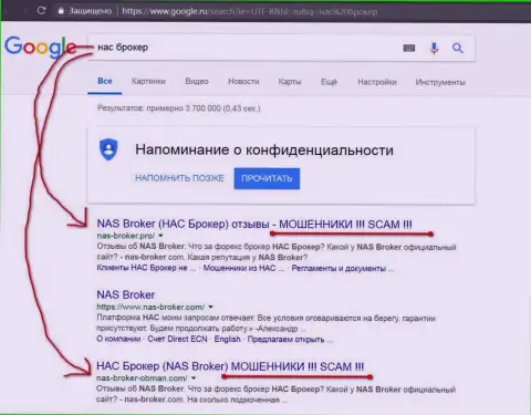 top 3 выдачи поисковиков Google - NAS Broker - это РАЗВОДИЛЫ